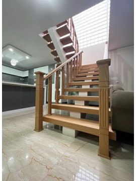 پله تک محور میانی مدل U با نرده چوبی